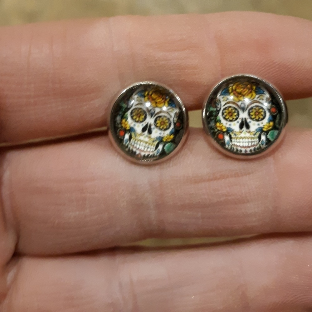 New Day of the Dead Sugar Skull Glass Cabochon Silver Stud Earrings.